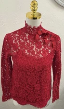 J.Crew Red Mockneck Top Floral Lace Bow Accent Size 0 Holiday Valentines