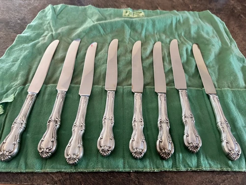 8 INTERNATIONAL STERLING 9" MODERN HOLLOW KNIFES JOAN OF ARC w/Silver Storage