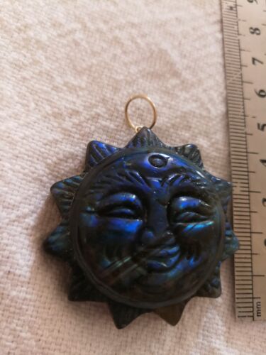 Natural Labradorite Carved Sun Celestial solid 9ct yellow gold pendant
