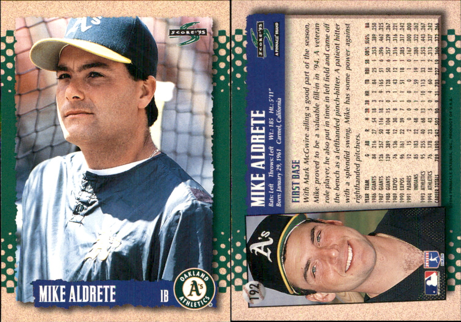 Mike Aldrete 1995 Score #192 Card Oakland Athletics FREE SHIP *AutographDen*