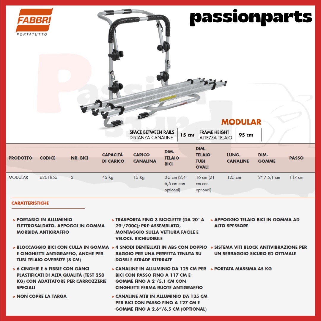 PORTABICI POSTERIORE DA PORTELLONE FABBRI MODULAR PER 3 BICI IN ALLUMINIO