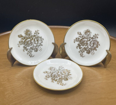 Limoges Porcelaine Butter Pat Plates Made in France Gold Floral Design Vintage