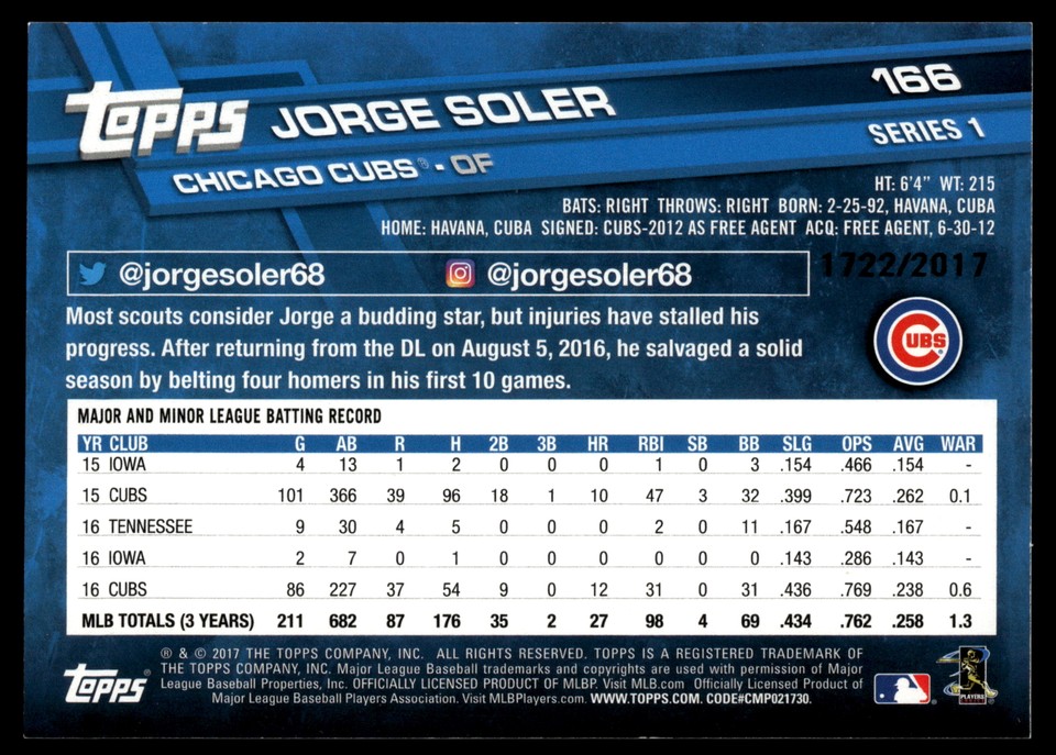 2017 Topps Jorge Soler #166 Chicago Cubs Gold SN 2017 Baseball Card | eBay
