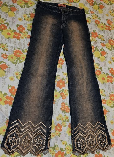 Vintage Jus D Orange Womens Medium Embroidered Flare Bottom Stretch Blue Jeans