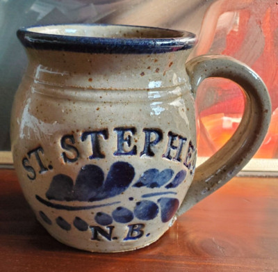 St. Stephen N.B. Canadian Art Pottery Mug Gray Speckled Blue Trim Handmade