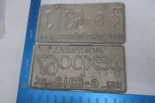 Quebec Canada License Plate Tag PQ 1967 Montreal Pair Government Expo67 G-8313 - Picture 2 of 2