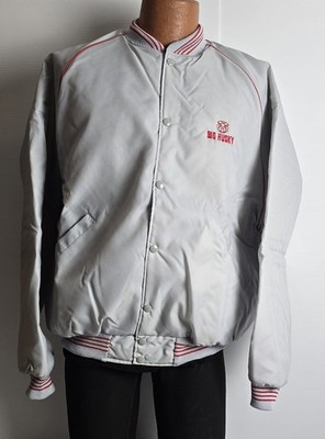 Vintage Holloway Big Husky Jacket XL Grey Red Snap Front Quilted Lined Bomber