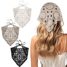 Kifmurase 3 Pcs Crochet Bandanas Headbands, Crochet Headband Beige, White, Gray