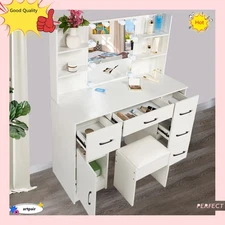 Large Dressing Table Set White Makeup Desk with LED Lights Mirror & 5 Drawers US