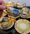 Limoges Green Gold Encrusted Cupid Tea Pot Cup & Saucer Creamer Sugar Bowl 6 Set