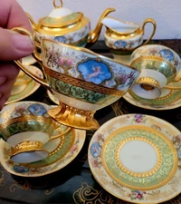Limoges Green Gold Encrusted Cupid Tea Pot Cup & Saucer Creamer Sugar Bowl 6 Set