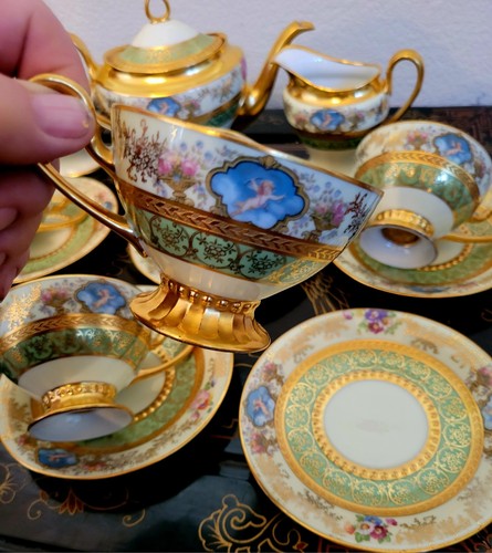 Limoges Green Gold Encrusted Cupid Tea Pot Cup & Saucer Creamer Sugar Bowl 6 Set - Picture 1 of 24