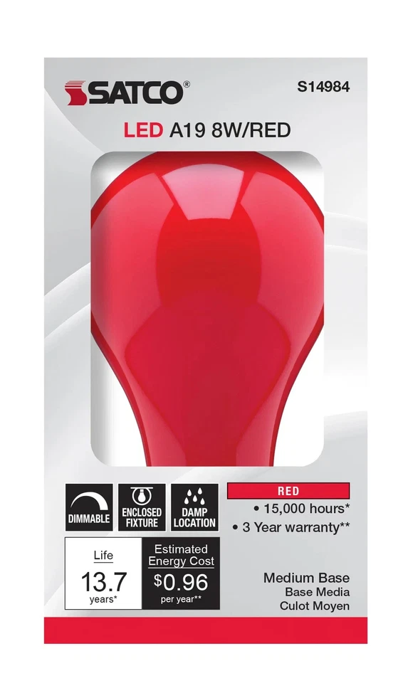 Satco S14984 - 8 Watt LED A19  Holiday Red Light Bulbs (2 or 6 Pack) - Image 2 of 4