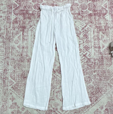 Womens White Crinkle Gauze Wide-Leg Pants Ela...