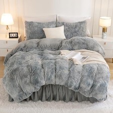 Faux Fur Tie-Dyed Grey White Comforter for Queen Size Bed, 3 Pieces Fluffy