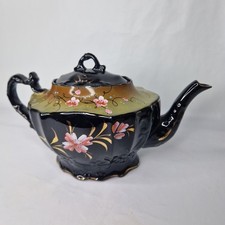 Antique Victorian Jackfield Style Black Glazed Teapot Hand Painted & Gold Gilt 