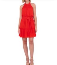 Vince Camuto Women's Size 14 Sleeveless Red Smocked Halter Fit & Flare Dress