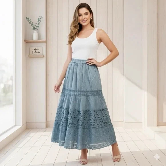 Jupe Femme Nicole Miller En Coton Bleu Clair - Taille 16, Longueur Sous Le Genou, Style Bohème Printemps/été