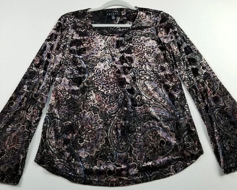 Blusa Tribal Para Mujer Pequeña S Multicolor Paisley Cuello Redondo Mangas Largas Elastizada Foto 2 de 4