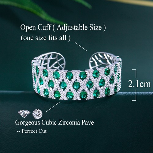 Charming Adjustable Green Cubic Zirconia Bridal Round Open Cuff Big Wide Bangle - Bild 5 von 9