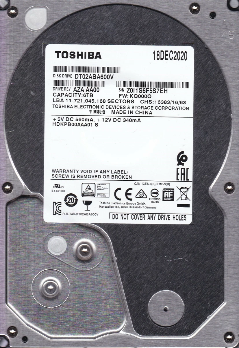 Toshiba DT02ABA600V AZA AA00 HDKPB00AAA01 S China DEC 2020 6TB