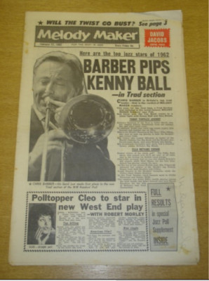 MELODY MAKER 1962 FEBRUARY 17 CHRIS BARBER TUBBY HAYES DAVID JACOBS CLEO LAINE +