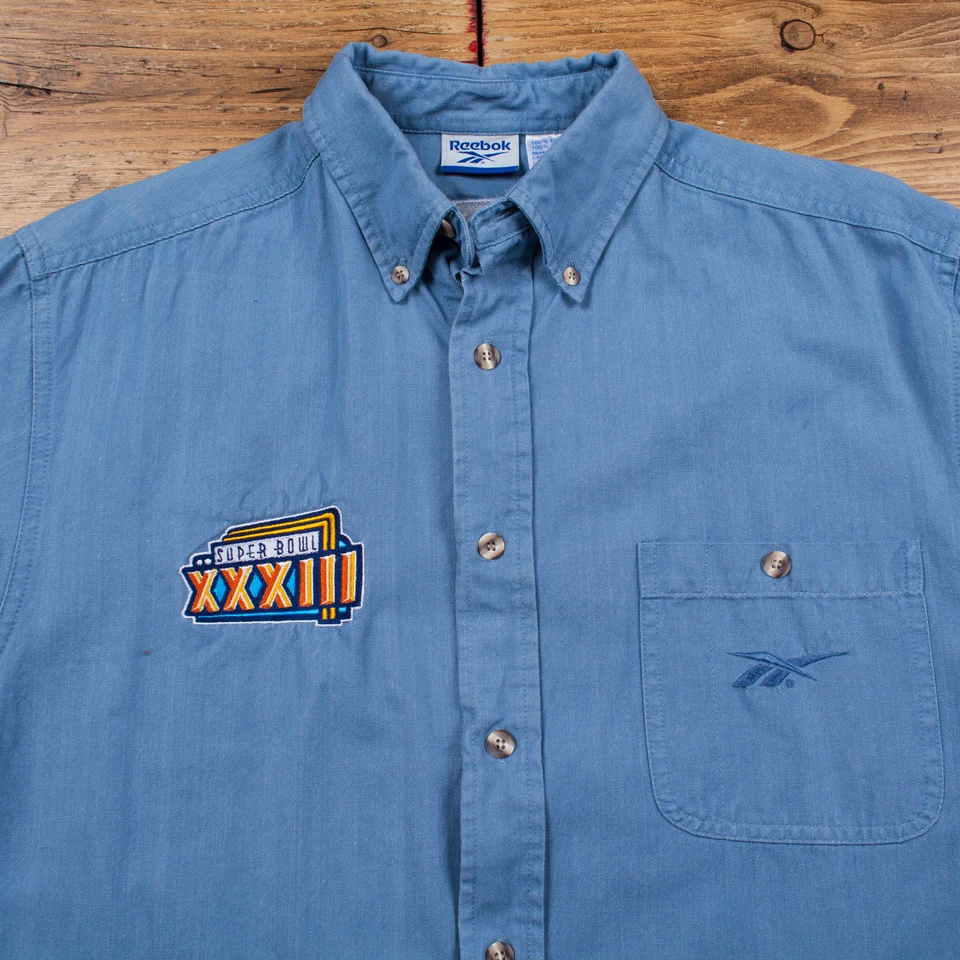 Camisa Denim Vintage Reebok Botón M Años 90 Super Bowl Deportes Para Hombre Manga Larga Azul Foto 4 de 4