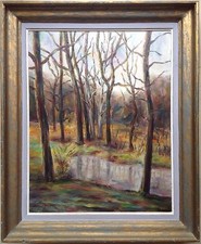 Léon Jacquier Peintre de Pérouges Plan d'eau en forêt Huile sur toile Bresse Ain