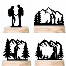 Outdoor Bride and Groom Wedding Cake Toppers Mountain Tree with Dog Cat Topper
