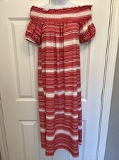 ZARA Sz S Flowy Shift Dress Off Shoulder Puff Sleeve Red White Stripe Cute EUC!