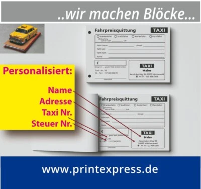 PRINT EXPRESS Taxi-Quittungsblock Din A6, Personalisiert mit Ihren Daten, 100 Blatt, gelocht