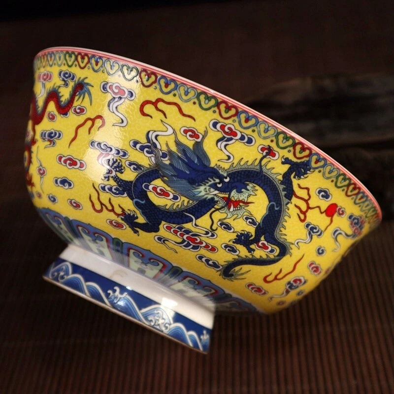 Старый китайский порошок цвет фарфора пять дракон большая чаша желтый Qianlong знак - Изображение 3 из 4