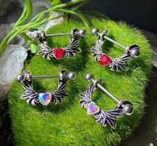 PAIR Crystal Heart Angel Wings Nipple Rings Shields 14g 14 gauge Body Jewelry