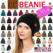 C.C YJ820 - Thick Cable Knit Hat Faux Fur Pom Pom Fleece Lined Cuffed Beanie