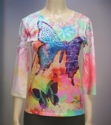 Artisans Women's Tee Top 3/4 Sleeve Butterfly Multicolor Size S