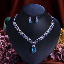 Purple Blue CZ Crystal Square Dangle Drop Bridal Wedding Necklace Jewelry Set