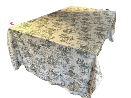 Oversized French Toile Country Scene Green Tablecloth 137"L X 60"W