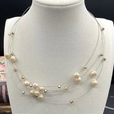 Silver-Tone Mother-Of-Pearl Thin Wire Multi-Stranded Floating Station Necklace