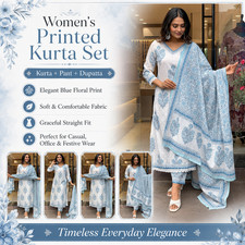 Women Block Printed Straight Kurta Pant Dupatta Set White Ethnic Wear