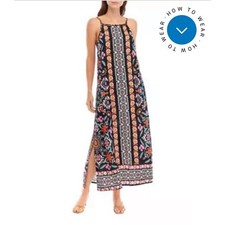 Vince Camuto Women Sleeveless Border Print Halter Square Neck Maxi Dress Sz XS