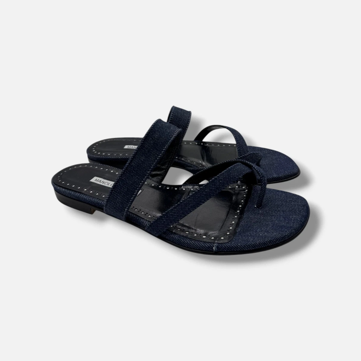 Manolo Blahnik Black Croc-Embossed Double-Strap Slides Manolo Blahnik Flat Sandals in Black Satin with Jewel Buckle  main image 3