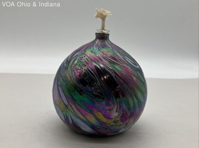 Ash Glass Iridescent Art Glass Oil Lamp Signed Multicolor Swirl Orb