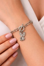 PLAYBOY Silver Charm Bracelet-Crystal Set Bunny Dangle -Cable Chain-Toggle Clasp