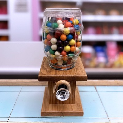 Handcrafted Solid Oak Wood Old Fashioned Gumball Machine with Glass Barrel Jar