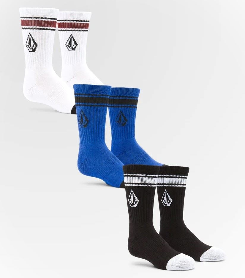 Paquete de 3 calcetines Volcom niños Crew piedra completa blanco azul negro Reino Unido 2-4 UE 34-37