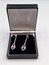 Beautiful 9ct Gold Emerald & Diamond Heart Drop Earrings 