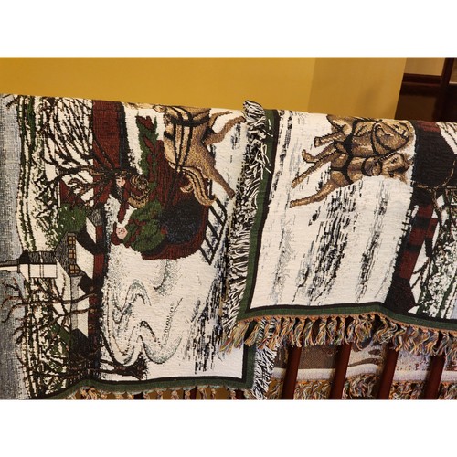 Tapestry New England Rug Pair Horse Drawn Carriage Holiday Christmas Throw 27x45 - Picture 4 of 22