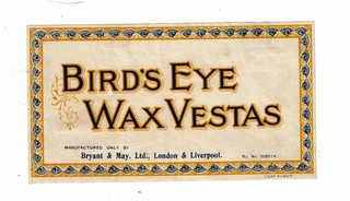 1 Old Bryant & May 1914 matchbox label Birds Eye Wax Vestas size 154x85mm