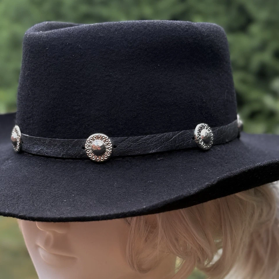 SOMBRERO VAQUERO RESISTOL VINTAGE AÑOS 80 con CONCHOS fieltro negro TALLA 6 3/4 Western Rodeo Foto 2 de 3