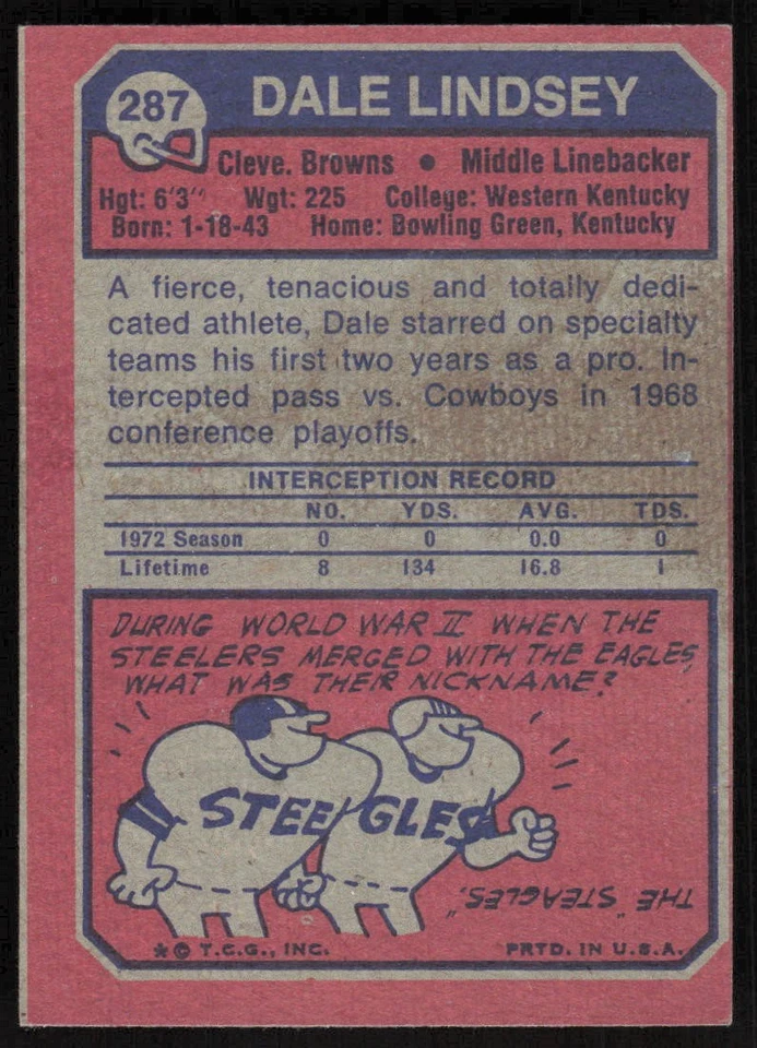 1973 Topps #287 Dale Lindsey RC - $1 SHIPPING (JB4) - Image 2 of 2